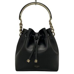 JIMMY CHOO Bonbon Bucket Black Soft Shiny Calf Leather Handbag 735-072325